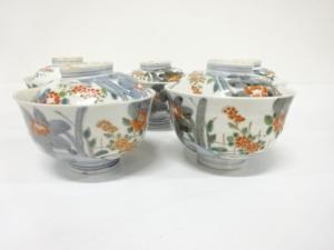 古伊万里　染付　金彩色絵　蓋茶碗　5客